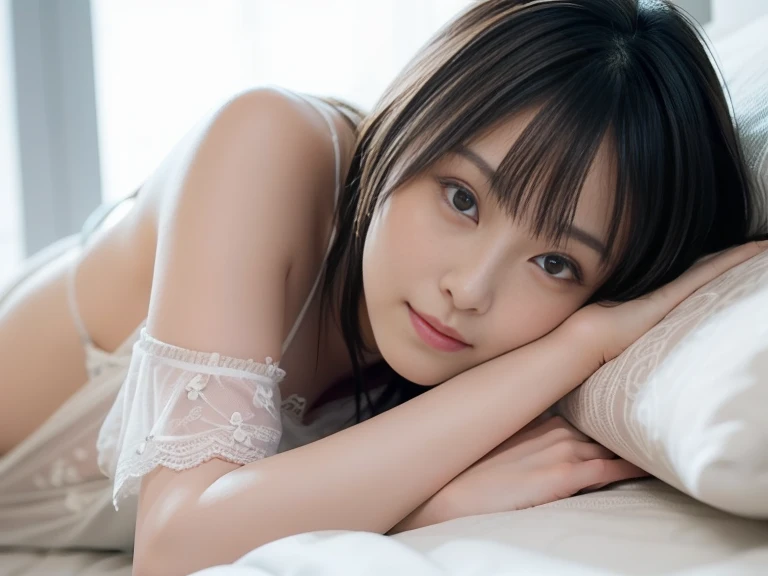 Completely nakedの女の子、20-year-old、cute、realistic, 8K, 1 girl, eyes with abnormal iris, mole under eye, (toned abdominal muscles)、Beautiful woman、、Slender and toned body、spread your legs wide、lively、8K、K-POP idol、Completely naked、(sweaty)、((wet hair))、(erotic face)、toned thighs、highly detailed face、detailed lips、fine eyes、long black hair、narrow eyes、sexual expression、spread your legs wide、close your eyes, I feel my mouth wide open、sleeping in bed、I'm pushed down on the bed、attacked by two men、The guy is spreading my legs wide open、(A man's big penis is inserted into her vagina)、It hurts because of its size、It hurts and tears flow、The other guy grabs my head and shoves his penis into my mouth.、I'm panting from how good it feels、my arms are tied above my head、the man is ejaculating in my vagina、The white liquid released by the man is overflowing endlessly from inside her vagina.、Another guy is ejaculating in my mouth、My mouth is overflowing with .、I close my eyes tightly for pleasure.、I'm sweating all over my body、So that the whole body is visible、
