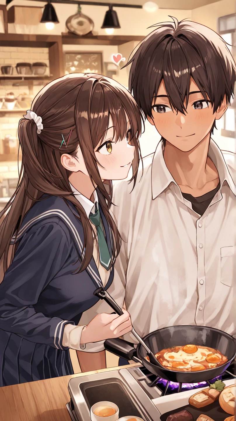 realistic anime, masterpiece, best quality, high resolution, 1 boy, 1 girl, in coffee cafe, make coffee,