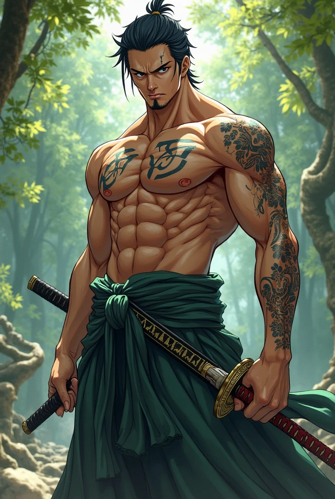 1man, minimalism, full body pose, zoro roronoa, Eiichirō Oda, simple, vector, bodybuilder, sea from background, scar across eye))