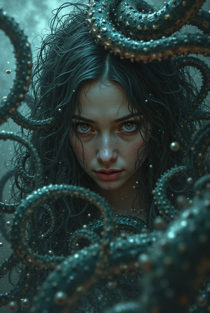 a photo of a sea witch, green short hair, evil, villain, she's coming for you, up close, dark ocean,( under water:1.1), lightning, glowing eyes, wearing a dress made out Seaweed, tentacles, octopus, (up close:1.3)