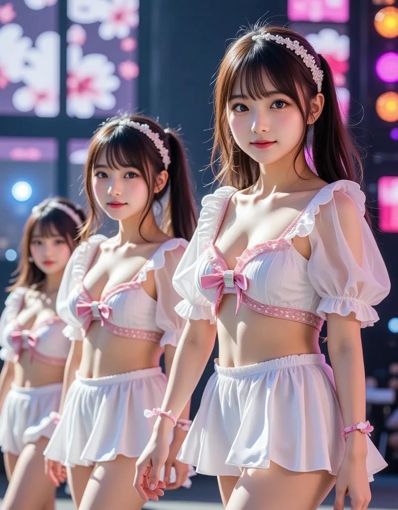 Three-piece girl band、Pop light music band、超A high resolution、Ultra HD、8k、Wonderful expression with attention to detail、long chestnut hair、Straight Long Hair、short cut bob hair、(off shoulder pure white dress、Mini skirt type)、Cute stage costumes、Performance scene at the outdoor music hall、Backlight、(The silhouette of the body is visible)