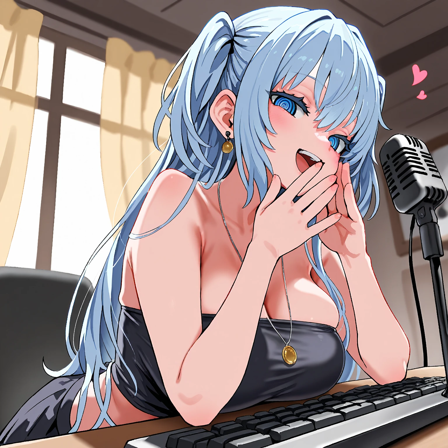 1 girl, , UHD, retina, masterpiece, Accurate, anatomically correct, rough skin, Super detailed, advanced details, high quality, Award history, 最high quality, High resolution, hd, 4k,(anime,8K,masterpiece, 最high quality, 最high quality,beautiful and aesthetic:1.2,professional illustration:1.1,Super detailed:1.3,perfect lighting),very detailed,most detailed,High resolution,cute pose,embarrassing,light blue hair,classroom,(wear uniform inside:1.5),(school uniform:1.5),black hoodie,(Hoodie with cat ear hood:1.5),(open clothes:1.5),1 boy, fellatio, (penis:1.5),fellatio,saliva,irrumatio,(tears:1.5),Sticking out tongue