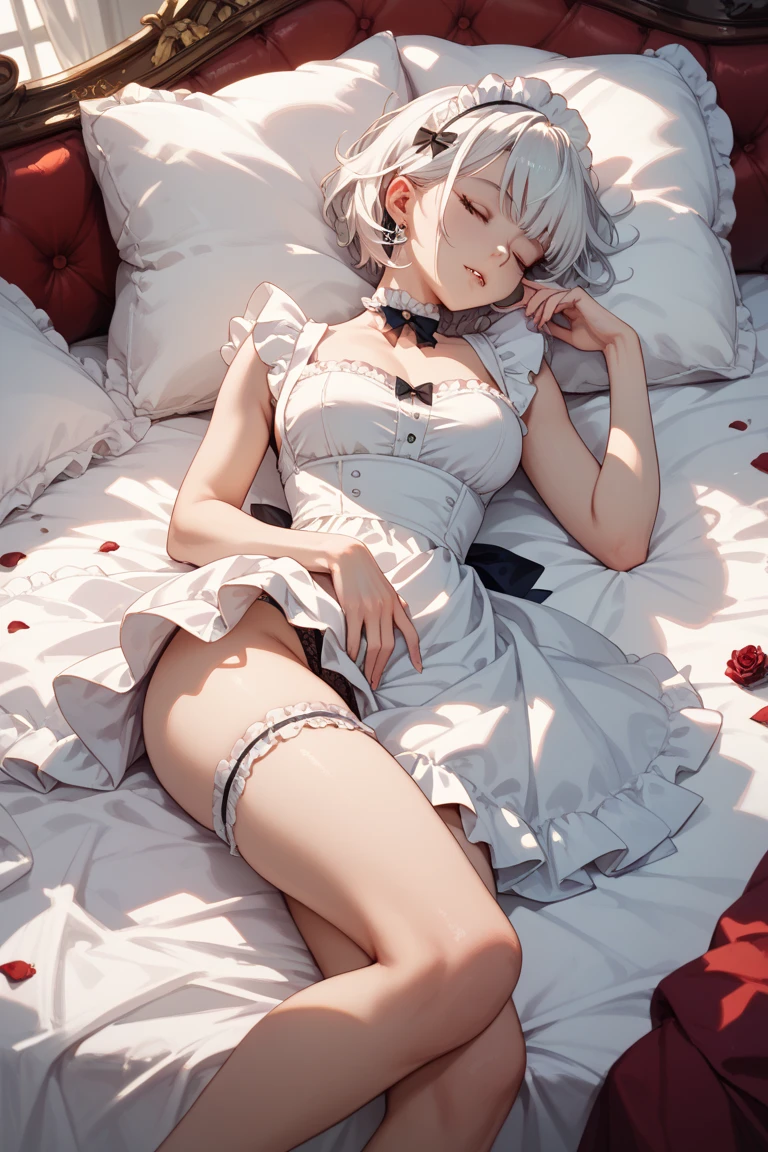 (((depic young little girll))), (((top-quality, masterpiece))), 4k, HD, silver hair, ((bob cut)), one braid, (((red rose in hair))), green eyes, (((sofisticate lingerie))), ((lace lingerie details)), black and red lingerie, many white ribbons, maid, lovely, sexy pose, smile, happy, warm, ((small breasts)), nice hips, (Masterpiece, Excellent, complex details), delicate girl, delicate face, knightly atmosphere