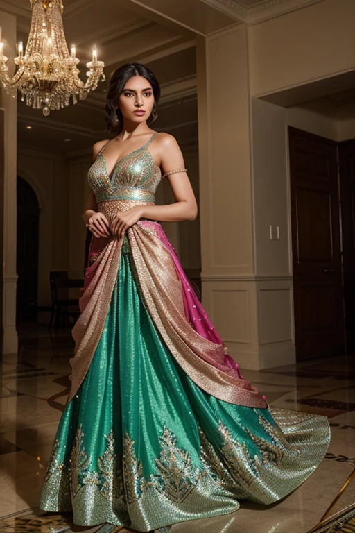 solo, 1girl, Masterpiece, 4K, HD, superb quality, beautiful woman, wearing a green haute_couture dress,(superb embroidery:1.3),<lora:Haute_Couture:0.8>, back view, fashion show background, shiny dress, ultra realistic, smooth skin, bimbo, glossy, shiny dress