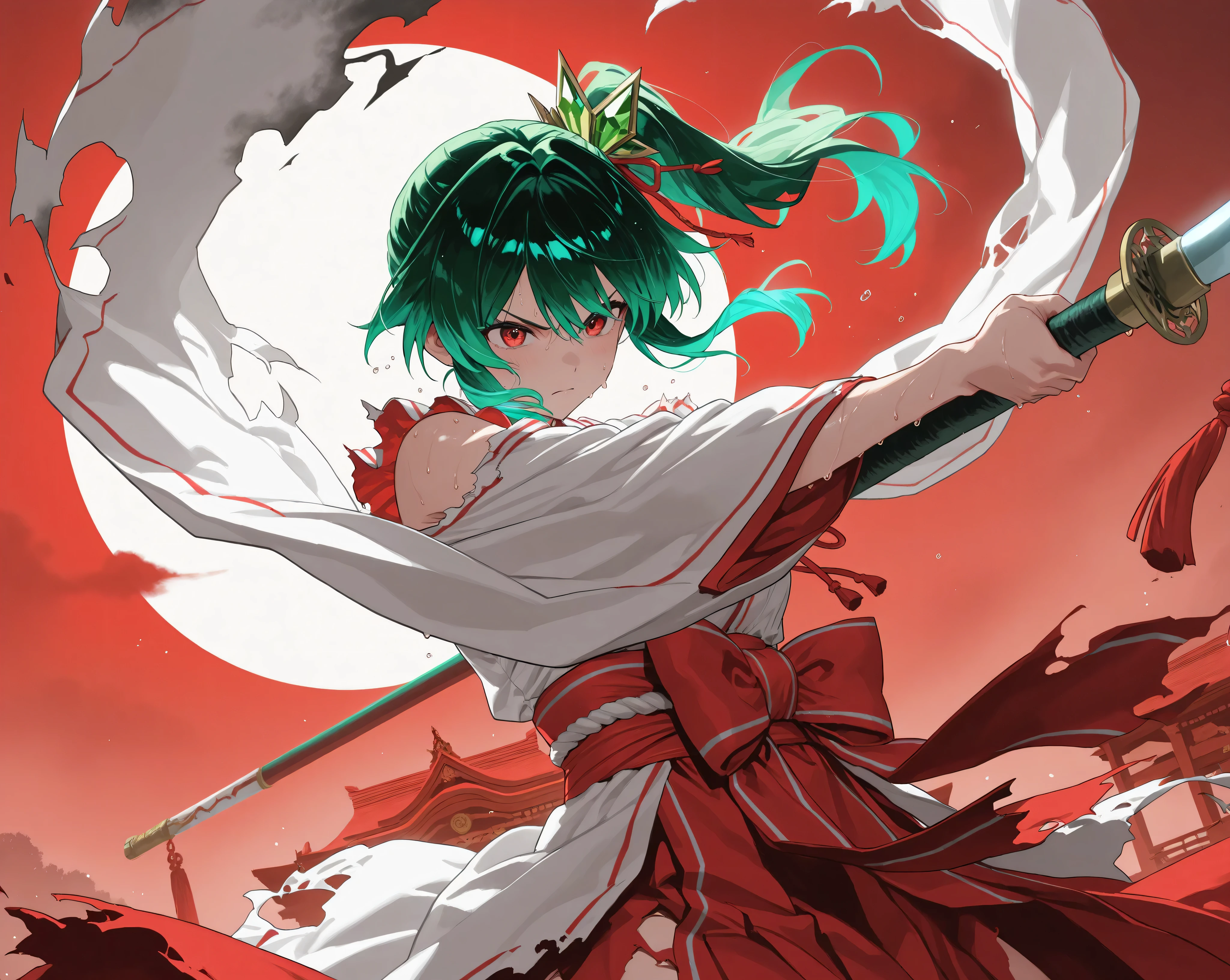 A anime man, long hair of turquoise hair color, crimson eye pupil, red earrings, with kimono clothe of black ,left eye closed, serious expression, pale skin, freckles in the face, a katana in your hand, blood in hurted face, blood around, young, cutted face, battle pose.