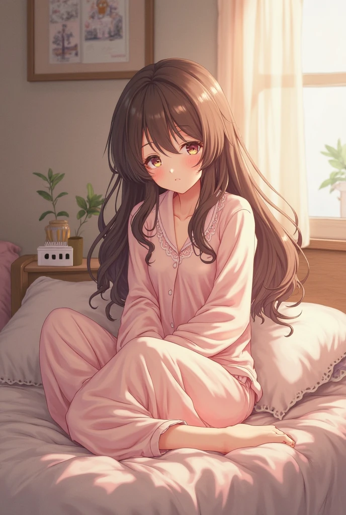 1girl, solo, super fine illustration, an extremely delicate and beautiful, best quality, 20s, brown hair, messy hair, long hair, green eyes, closed eyes, frowning, holding head, white shirt, pink pajama pants, bedroom, bed, pillow, window, curtains, morning, lying down, close-up, hangover, pain, empty bottle, bedside.