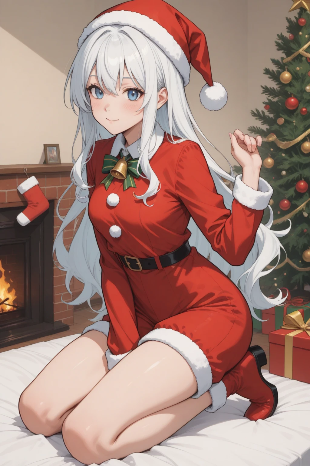 ((masutepiece, Best Quality, hight resolution, Perfect Pixel, 4K)), multiple girls, 2girls, full body seen, ((Beautiful eyelashes, Realistic eyes)), ((Detailed face, Blushing:1.2)), ((Smooth texture:0.75, Realistic texture:0.65, Photorealistic:1.1, Anime CG style)), Dynamic Angle, Perfect body, ((Santa Claus Costume, Red knitted hat, red and white off shoulder sweater, red and white flared skirt, Black garter stockings, Shy smile)) BREAK raidenshogundef, BREAK furina