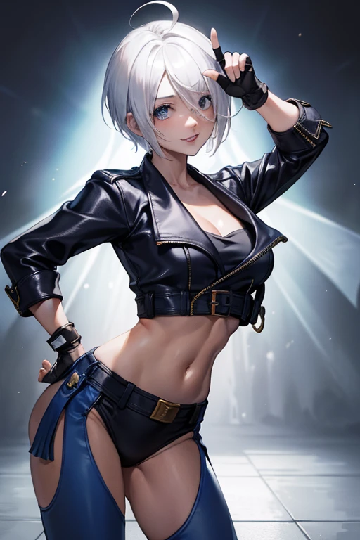 ((Angel from The King of Fighters)) Create a hyper-realistic anime-style illustration of Angel from The King of Fighters in an urban setting. Depict her with shoulder-length silver hair, striking blue eyes, and a playful expression. Dress her in a black leather crop jacket, unzipped to reveal a matching top underneath. Add fingerless gloves and her signature blue pants with one leg cut off, exposing her thigh. Position Angel in a dynamic pose with arms raised, making playful hand gestures. Set the scene on a sunny city sidewalk with modern architecture in the background. Use strong lighting to highlight her toned physique and create contrast with shadows. Employ a detailed art style that blends photorealistic textures with anime aesthetics. Focus on intricate details like the leather texture, hair shine, and subtle muscle definition. Add depth with reflections on nearby surfaces and small environmental details like distant traffic signs or pedestrians. The overall composition should capture Angel's energetic and flirtatious personality while showcasing high-quality, cinematic rendering techniques.