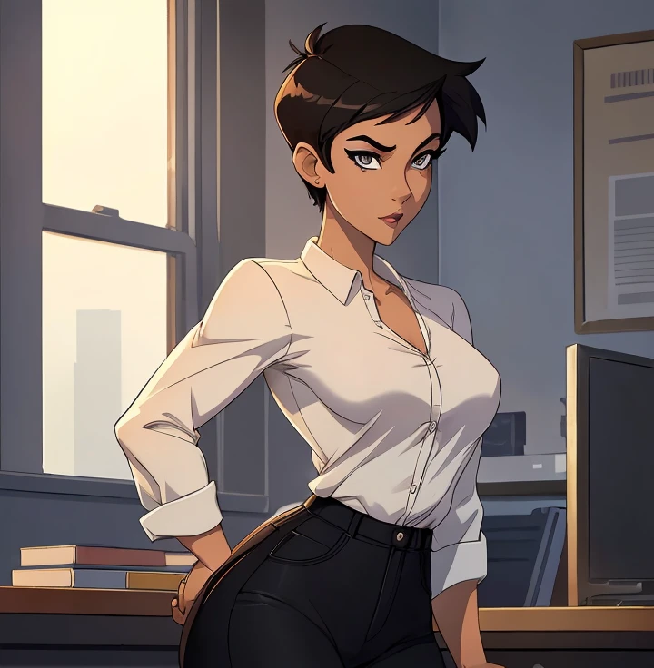 ((ultra quality)), ((masterpiece)), Lois Lane, ((black short hair tomboy hairstyle)), (Beautiful face), (beautiful female lips), (), charming, ((sexy facial expression)), (Dark skin color), (dark skin), glare on the body, ((detailed beautiful female eyes)), ((dark brown eyes)), (juicy female lips), (dark eyeliner), (beautiful female hands), ((ideal female figure)), ideal female body, beautiful waist, gorgeous thighs, beautiful medium breasts, ((subtle and beautiful)), sexy worth (), (White shirt, Black jeans) background: office, ((depth of field)), ((high quality clear image)), (clear details), ((high detail)), realistically, professional photo session, from behind, ass focus, soles