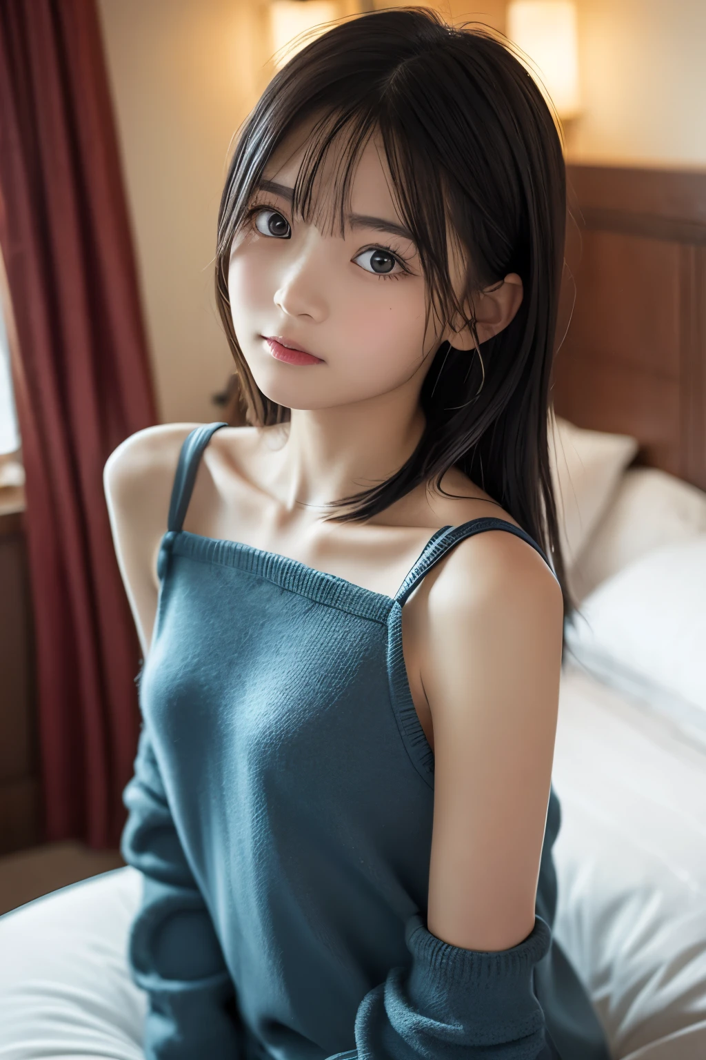 girl,Japanese,have bangs,sit on a comfortable sofa,soft light,Glossy skin、cross your legs、bob hair，legs spread，Skin shiny with sweat