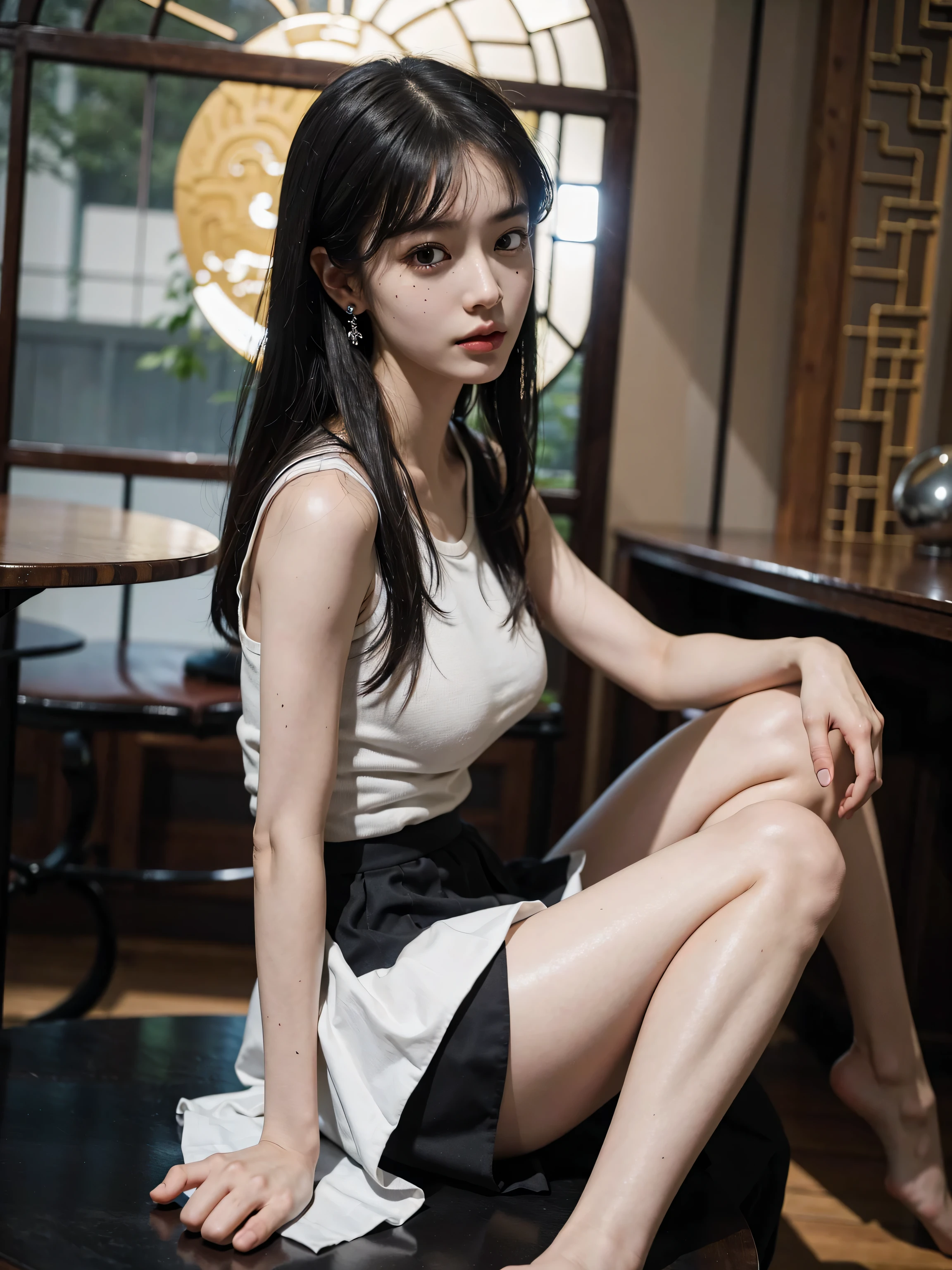 Masterpiece, best picture quality, one beautiful girl, detailed eyes, swollen eyes, brown hair, long hair, fair skin, cute, cute legs, short skirt, Japanese woman, Asian beauty, moonlight, strong eyes, professional lighting, bright lighting, double eyelids, slender, Japanese woman, Asian beauty,