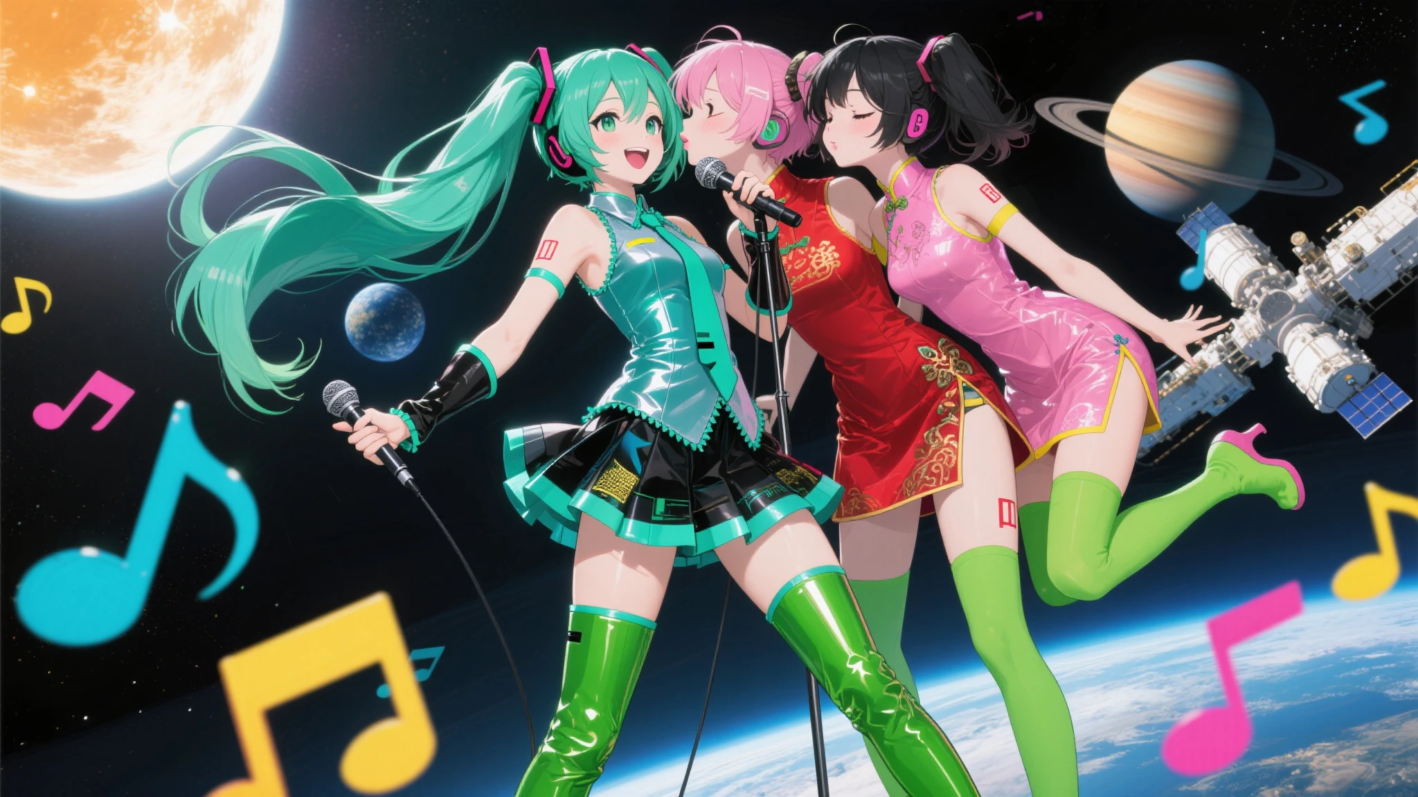An idol singer with twin vocals and guitar of a super cute beautiful girl with green hair short and bare legs wearing a flared skirt with green hair in the background of outer space, and a beautiful beautiful woman with long pink hair and a tight skirt and black fishnet stockings２People face to face, wearing headsets, singing and dancing cheerfully、Stars of the galaxy in outer space々and shooting stars、Glittering hair ornament、Very smooth hair，detailed hairs，Very fine hairs，Young shiny hair、(Raw photography、top-quality:1.5)、(realisitic、Photorealsitic:1.5)、Masterpiece
