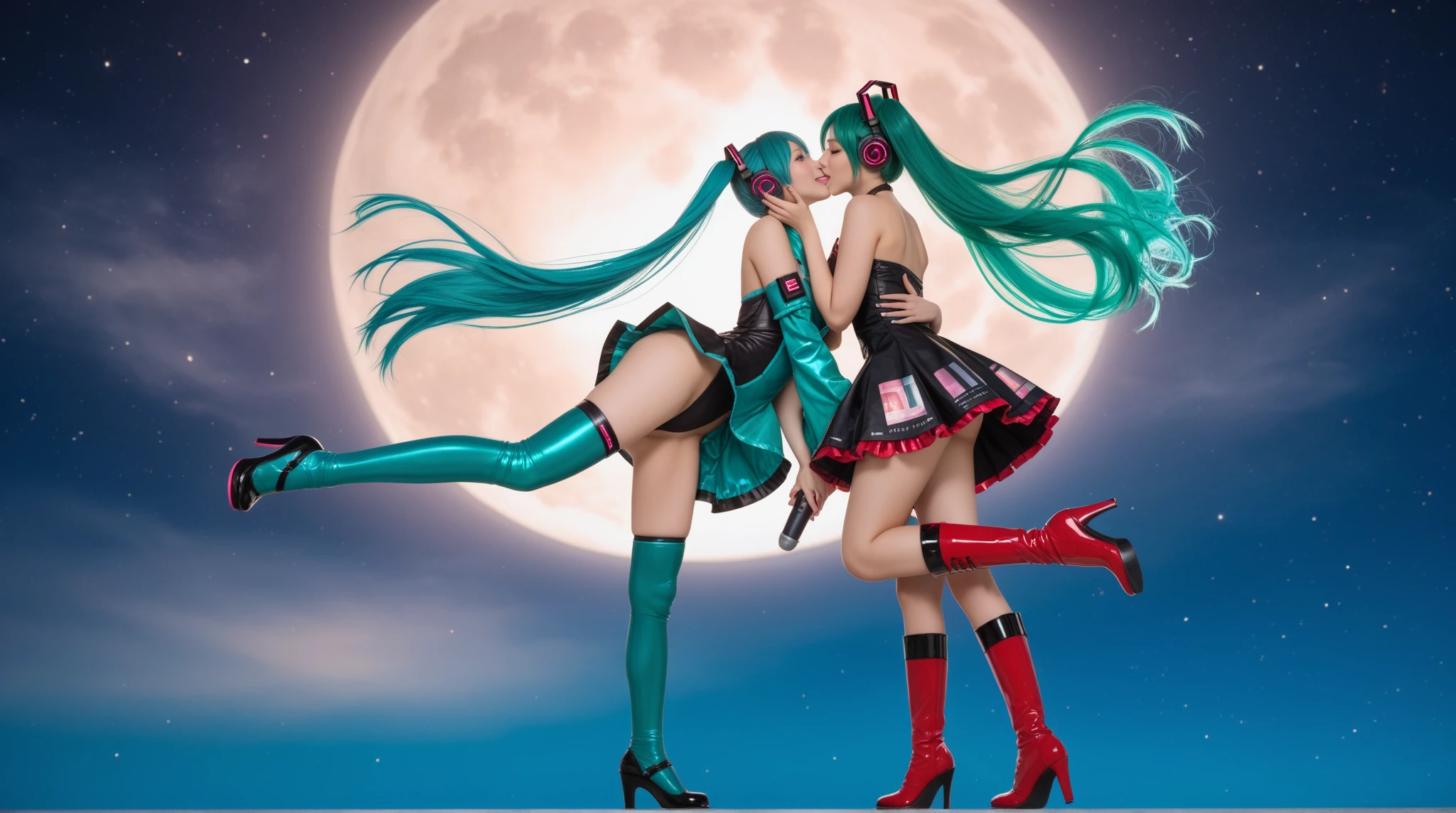 Tabletop,Surreal,32k,Highly detailed CG Unity 8k wallpaper, highest quality,2 women, Embrace each other,Rainbow Color Latex Cheongsam,Colorful Slime Clothes,Deep turtleneck,Rainbow Slime Long Skirt,Black bob hair,Silver wave hair,(Over the knee boots:1.2),Cowboy Shot, street, Country street, (Film Grain:1.2), (Film Overlay:1.3), night,smile,Open your mouth,Details in the mouth,party,Like the whole body
