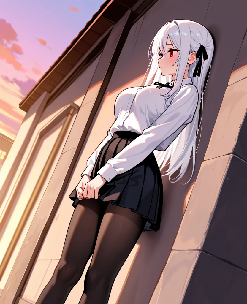masterpiece、Top image quality、high detailing、Detailed beautiful face and eyes、abajour、window、(nighttime scene:1.5)、nighttime scene、(red eyes:1.3)、(Highlights in the eyes:1.1)、Delicate interior design、Longhaire、1girl in、(White hair)、(length hair:1.2)、red blush、(a beauty girl)、cute little、(huge-breasted:1.1)、garterbelts、Proud smile、耳Nipple Ring、Character Center、(Kamimei:1.2)、Big buttocks、Tsuriformes、Small pants、 (Curvaceous:1.2)、(Mini Black Pleated Skirt:1.4)、、thick leg、a belt、Blunt bangs、Blunt bangs、pretty pose、(Sleeveless sweater:1.3)、(cowboy shot:1.2)、((I can see panties))、(dynamic ungle:1.2)、Adult panties、(Arms crossed:1.4)、(In black stockings:1.3)、(Pants over pantyhose:1.3)、(Squashed:1.3)