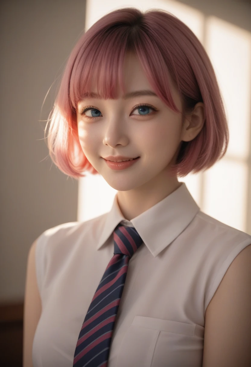 a japanese girl,bustup,A pink-haired,short-cut,Eyes are blue,suits,with round face,Colossal tits,Live Action,1人