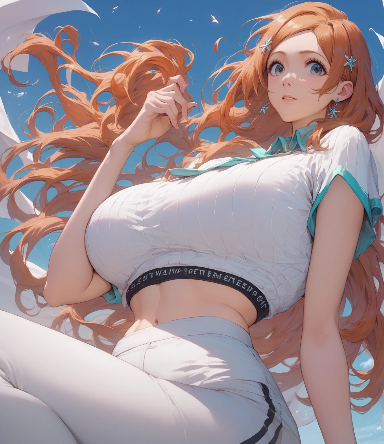 (1 Silence Suzuka running at field), uma-musume, (solo:1.3), orange long hair, (bouncing unaligned huge breasts:1.3), white gym uniform, (tight short black brm:1.8), (cameltoe), (skinny:1.2), inconceivably narrow waist, (bared skinny long legs:1.4), skinny hip, (masterpiece), (perfect anatomy), (nsfw:0.8), (orgasm), nose blush, screaming