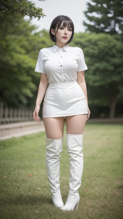 ((RAW photo), absurd, (absurdresolution)), Young woman, 21 years old, (beautiful look, grey eyes, perfect sharp pupil, realistic), (with straight and loose black hair), (black vinyl skirt, white buttoned shirt, formal black leather jacket, tight), (standing in sexy pose, hands on waist, very pretty, legs open, leg slightly turned, looking at camera, photo from below), Italian countryside exterior, vivid, intense colours, captivating woman, light sensuality,