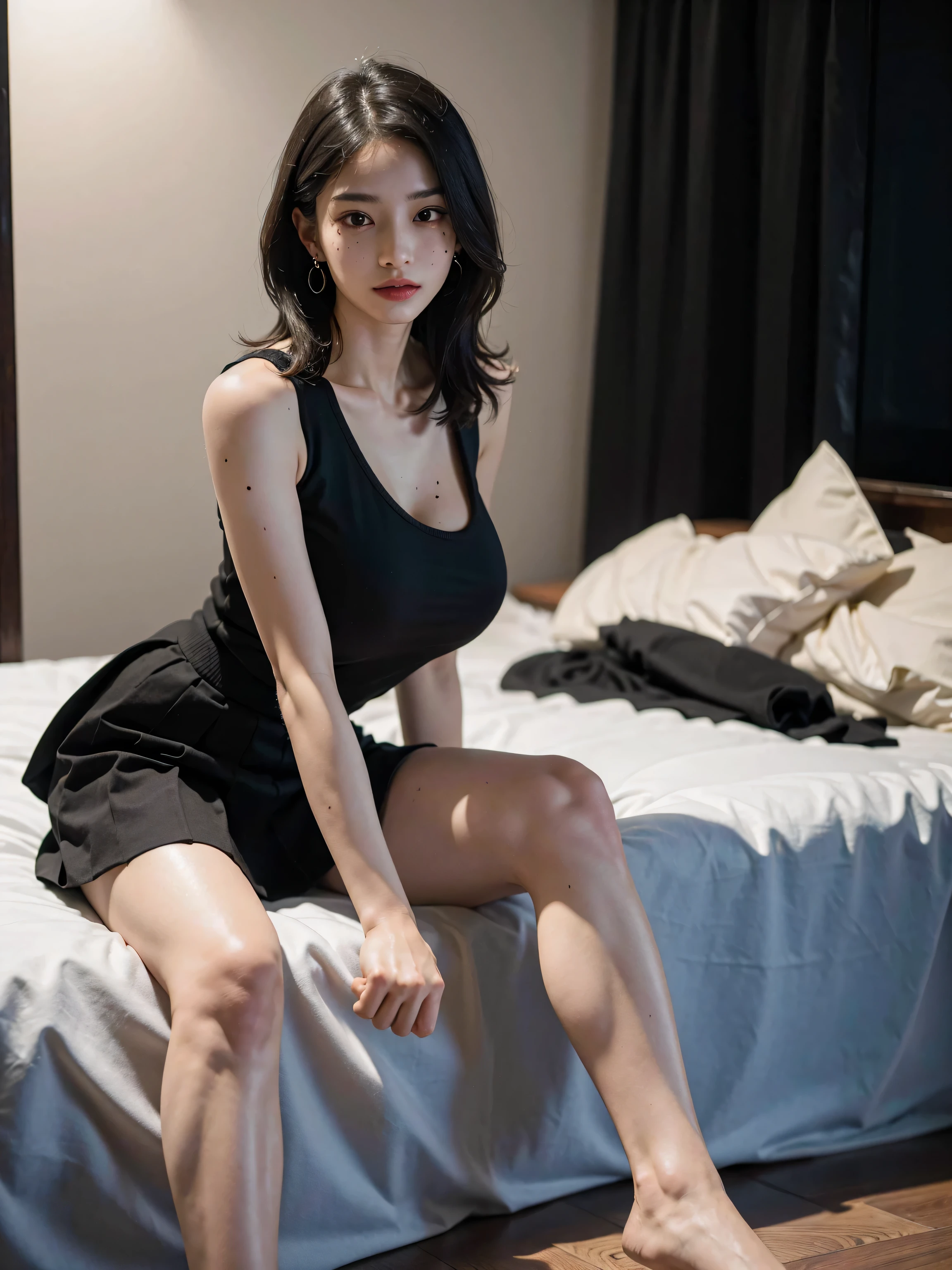 girl, on a bed,very long legs,very big legs,dark lights , show big tits, only wear very short skirt,spread legs,lick fingers,realictis face,lick hands,lay up