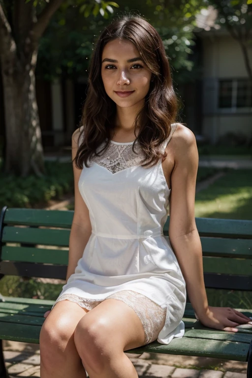 front view, full height, innocent shy young girl, smile, white summer dress, summer day