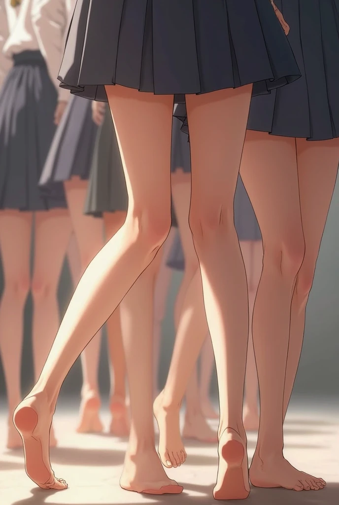 from left to right girls line up in panties, colours from left to right blue red pink purple yellow green, close up of panties, cute panties