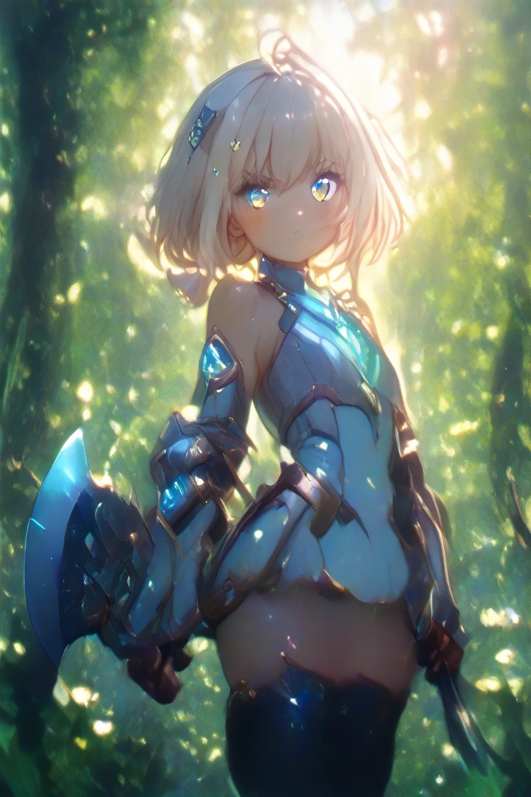 Beautiful girl playing with a frog、Super deformed cute frog、(Fantasy art),(masterpiece),(Anime Style),high quality,(Perfect Anatomy),(Perfect Fingers),((One girl)),((alone)),(Small breasts),Slender body,Silver short hair,((Hand holding a shining sword)),Beautiful and exquisite blue eyes,Beautifully detailed white armor,White loin cloth,Dynamic pose,High Fantasy,Magical colors and atmosphere,Silky to the touch,Cinema Lighting,in the forest