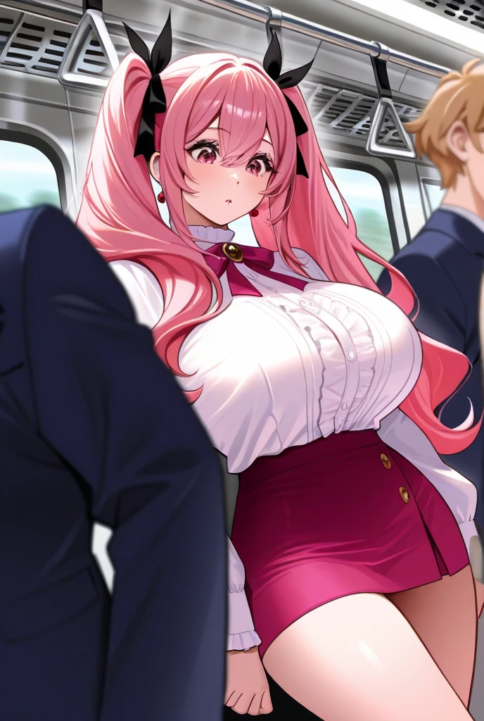 Yoshiko Tsushima, pink eyes, huge breasts,thin waist, short tight dress, skindentation, luxury, sweating, thighs,curvy body, white gloves, in train, sexually harassed from behind, ?????????,solo focus,Intercrural ???