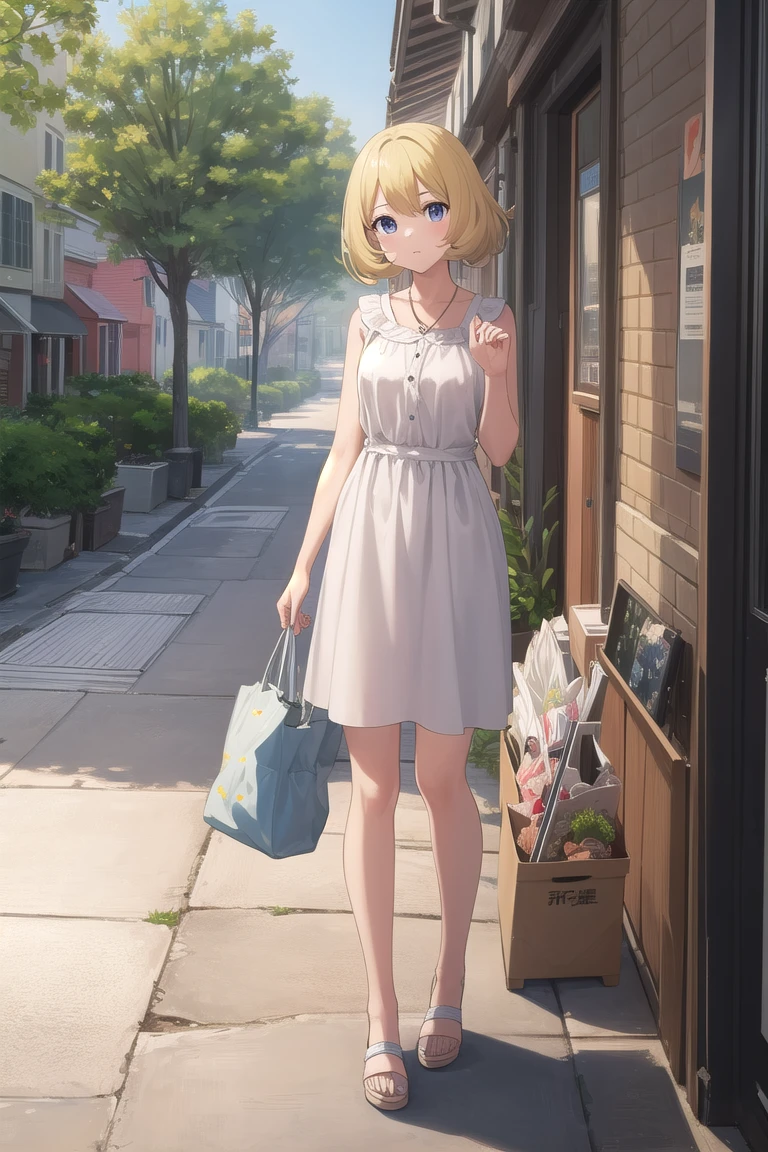 Photorealistic、Highest quality、Highest Resolution、Highest quality、８Ｋ、1人のBeautiful woman、Beautiful woman、Beautiful woman、Bob Cut Hair、Blonde、Casual Style、Walking around the city、shopping、looks fun