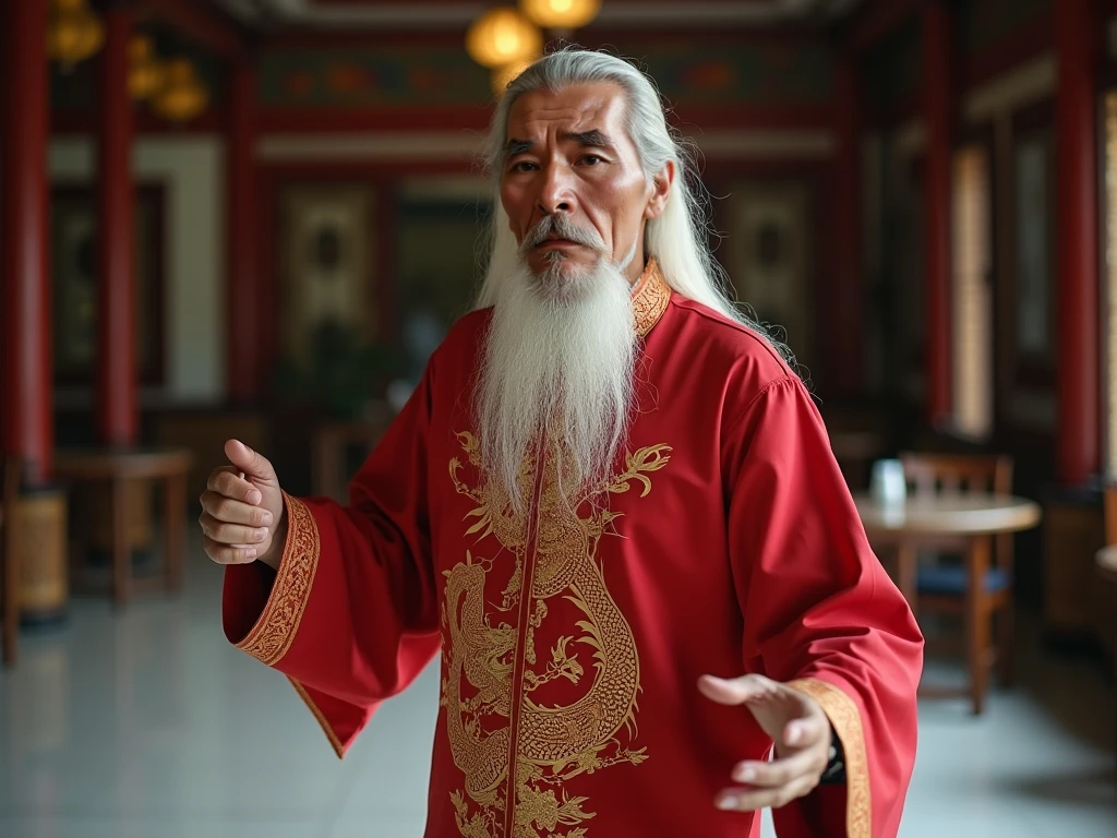 arafed man with a white beard and a black shirt shaking hands, taoist priest, inspired by Li Shixing, inspired by Wu Daozi, taoist temples and monks, inspired by Li Shan, inspired by Li Zai, taoist master, inspired by Cheng Zhengkui, daoist, inspired by Li Gonglin