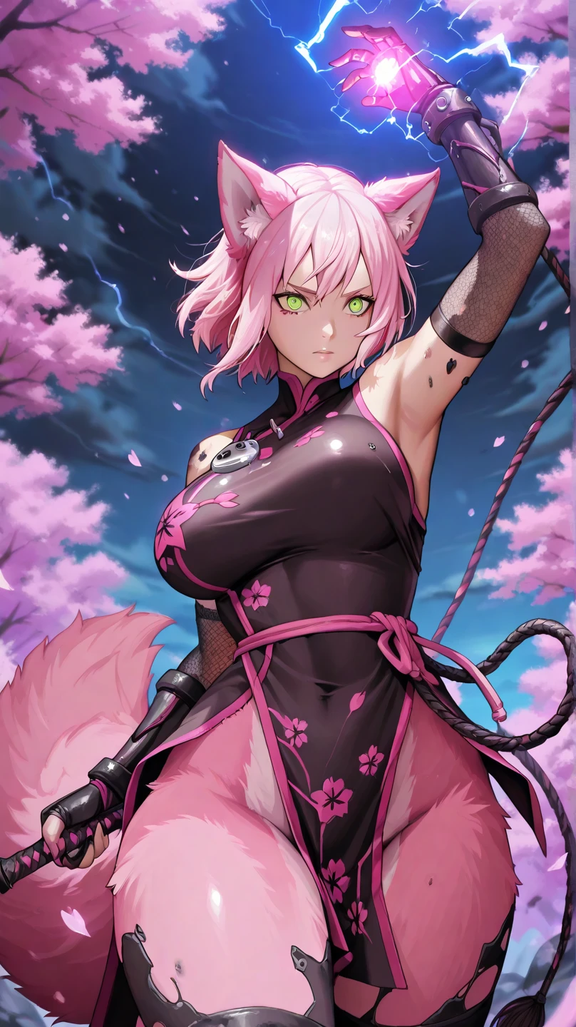 core_9, score_8_up, score_7_up, score_6_up, score_5_up, score_4_up, BREAK, source_anime, solo, 1girl, haruno sakura, pink hair, short hair, green eyes, serious, pink cat lingerie, (cocksock), cat tail, cat ear hair band, cat gloves, collar, bell, zettai ryouiki thighhighs, looking at viewer, (sagging huge_breast:1.2), erect nipples, dirty dark large areola, (skinny, slim legs, small hip, narrow waist), milf, (short stack:0.5), futa, flaccid foreskin dirty penis, cum burst, natural (black:1.2) armpit hair, Unshaven black Pubic Hair, pet play, nsfw, front view, fighting stance, Kunai, in the Forest