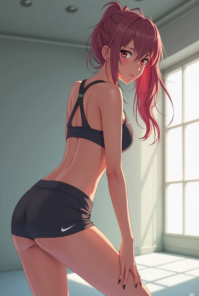 Ultra realistic 7 year old girl, pigtail hair pink, top medium breasts, sexy, smug face, sonrisa, posando, school gym, back view, voltea mirando hacia el frente, mojada, sudada, concentrada, volleyball, tight panties, recibo de balon