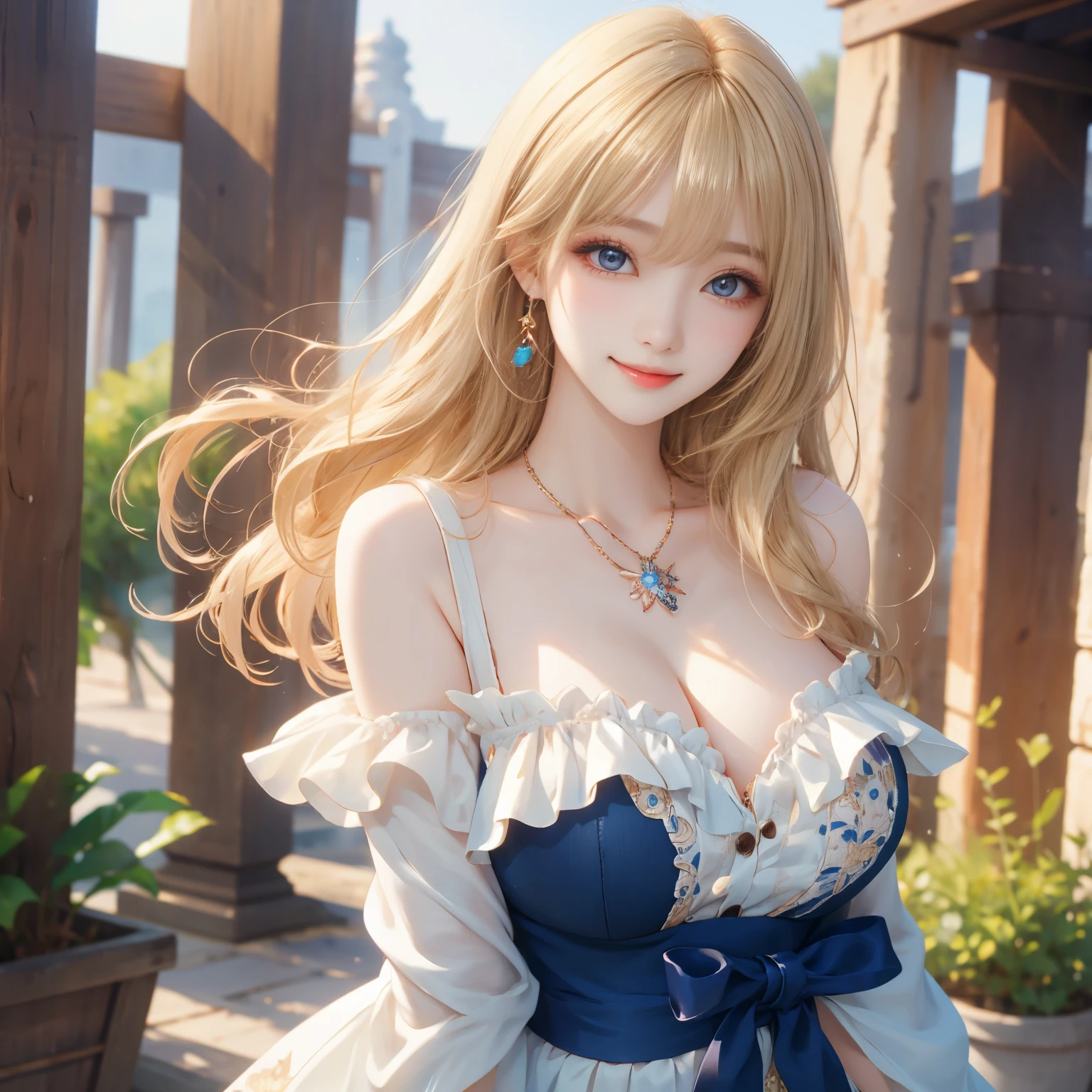 Masterpiece, highest quality, solo, (perfect face: 1.1), (high detail: 1.1), dramatic, dynamic pose, 1girl, breasts, blonde, bright blue eyes, solo, cleavage, delicate and characteristic pretty face, long hair, curved, small breasts, thighs, intricate patterns, bare shoulders, slender and tall figure, pink lips, a stunning Chinese graduate student standing confidently on the floor, elegant and composed posture. She wore a fitted blue dress that clings to her curves and highlights her beauty. The soft glow of the setting sun illuminated her facial features, casting a warm glow on her face and highlighting her bright smile. She looked into the distance, her eyes filled with hope and determination, and began the next chapter of her life.