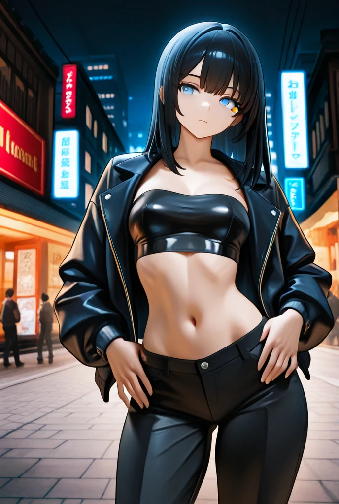 portrait of emb-haiz, pretty face, Cyberpunk city at night. She's wearing a cardigan leather jacket,micro bikini, black jeans, dramatic lighting, (badge:1.2).