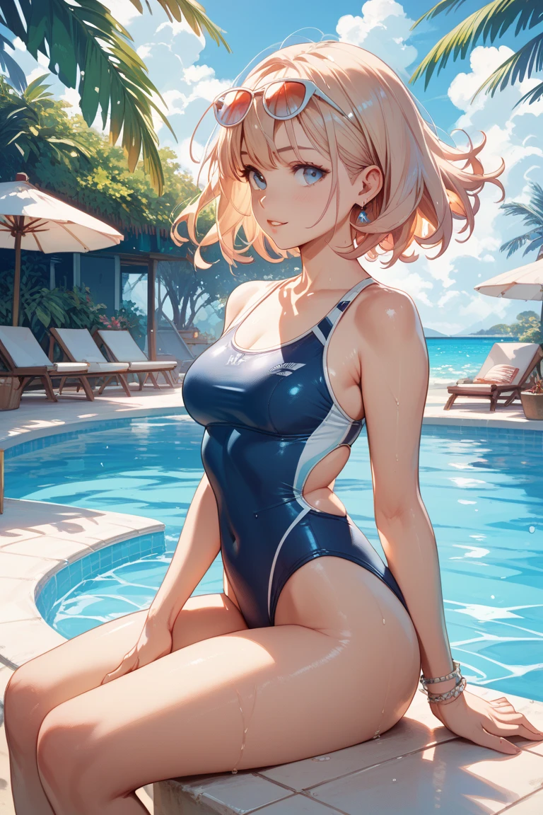 Highest quality,Highest Resolution,A woman in a swimsuit happily swimming in the pool at night,