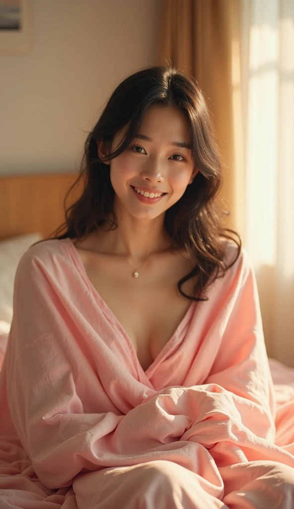 Solitary confinement、Fluorescent light、Cot、Sitting on the bed、Prostitute、Beautiful woman、Oversized shirt、Cleavage、barefoot、View the photographer、smile