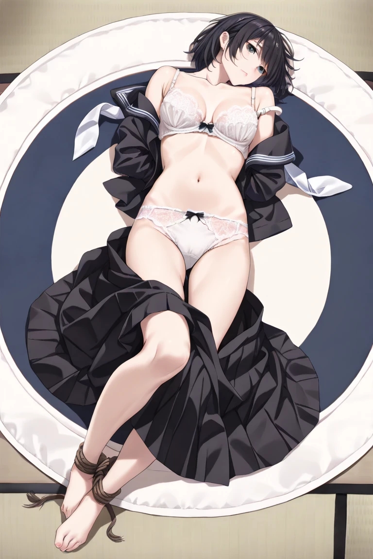 1girl, solo, breasts, looking at viewer, blush, smile, bangs, black hair, single braid, black dress, bare shoulders, big breasts, closed mouth, collarbone, full body, flower, lying, open clothes, striped, indoors, on back, off shoulder, feet, pillow, bare legs, bed, bed sheet, on bed, cleavage, hand on own stomach