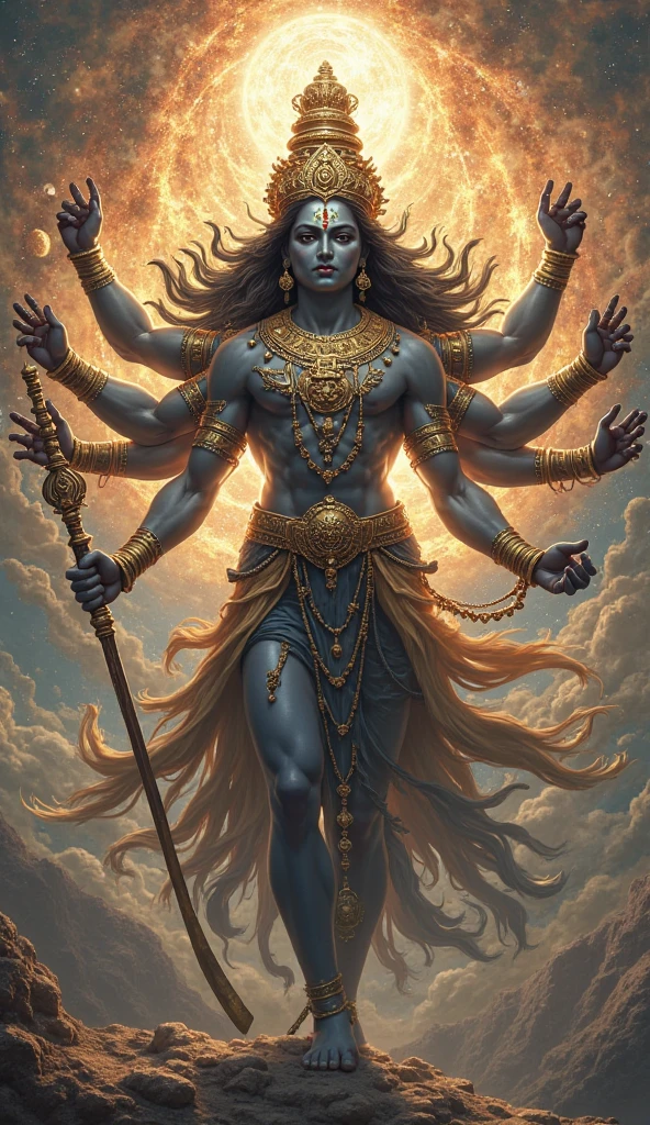 high quality, 8K Ultra HD Lord Krishna as the kalki avatar at the end of kaliyuga coming to save the world in his universal form backdrop, with its details incorporated into the goddess , crisp lines, The background is monochrome, sharp focus, double exposure, by yukisakura, awesome full color,