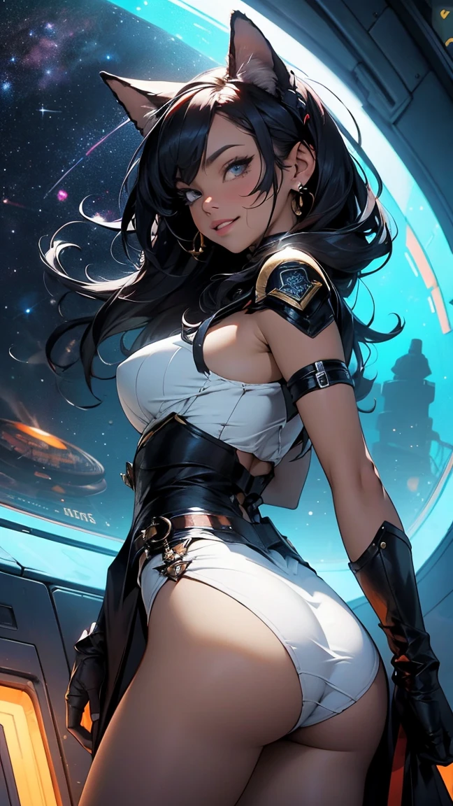 "Complete artwork masterpiece, high quality, ultra detailed in 4k, 8k, high resolution, hyper-realistic photo, hyper-detailed, realistic skin texture, amazing shadows, highly detailed background, extremely detailed texture, perfect lighting, high-level image quality." The female captain of a spaceship in Black Future armor, space Future, looking trough the ship's Glass windows, space on the back, fair skin, full body pic, long black hair, brown eyes, defined face, small breasts, choker, use woman from reference picture as role model,