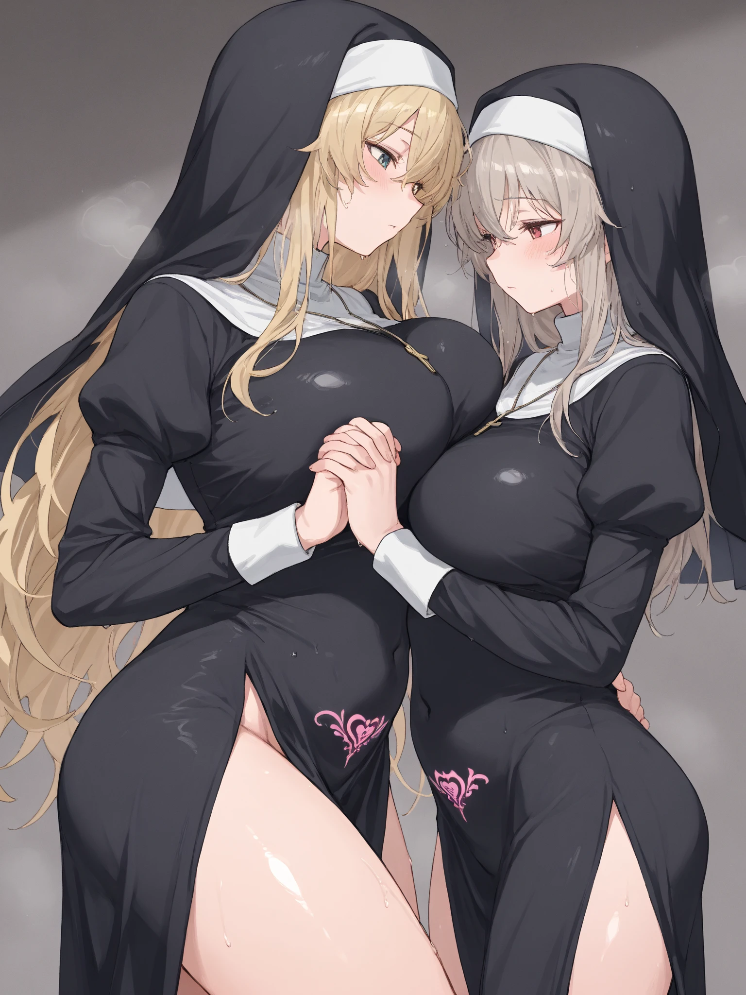 Masterpiece, Best quality, Two women,Chest to chest,lewd nun,Bunny girl costume,18 years old,silber hair,cat ear