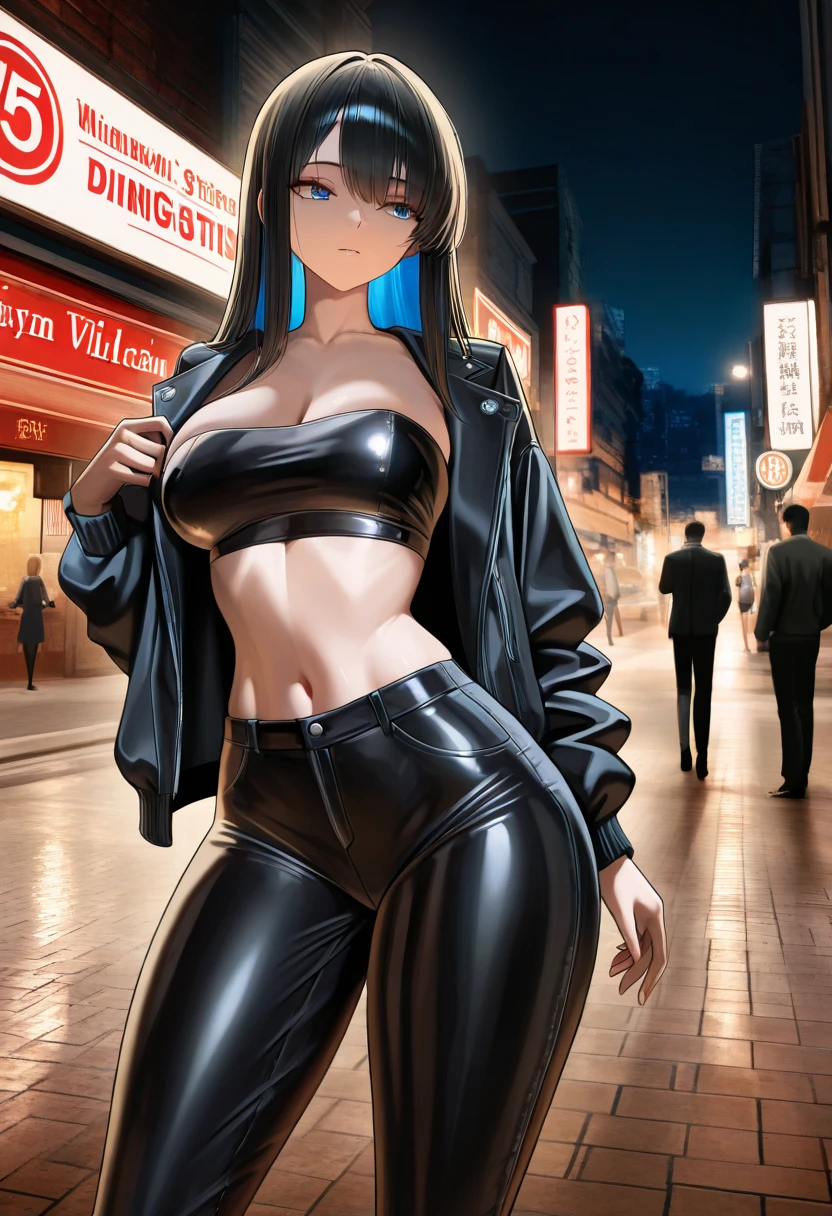 Masterpiece, best quality, Masterpiece, best quality, 1 woman , blue eyes , yellow ponytail , black leather jacket , sly face , smile , bikini , abdomen, big breasts , Long legs , boots , hands on hips , abandoned factory , at night