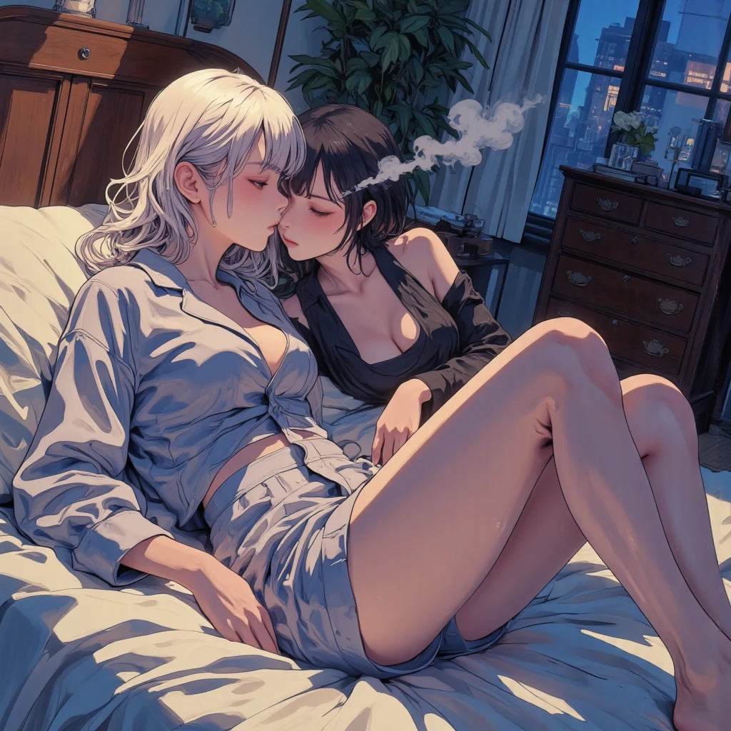 score_9, score_8_up, score_7_up, source_anime, rating_explicit, beautyful woman, , mature woman, tattoos in whole body, slim body, slender body, white bra, eyepatch, white hair, short hair, black lipstick, lesbian doggystyle sex, 2 woman, japanese woman, slender body, pink bra, long black hair, fringe hair, motel room, night, milf, huging, in bed, moan