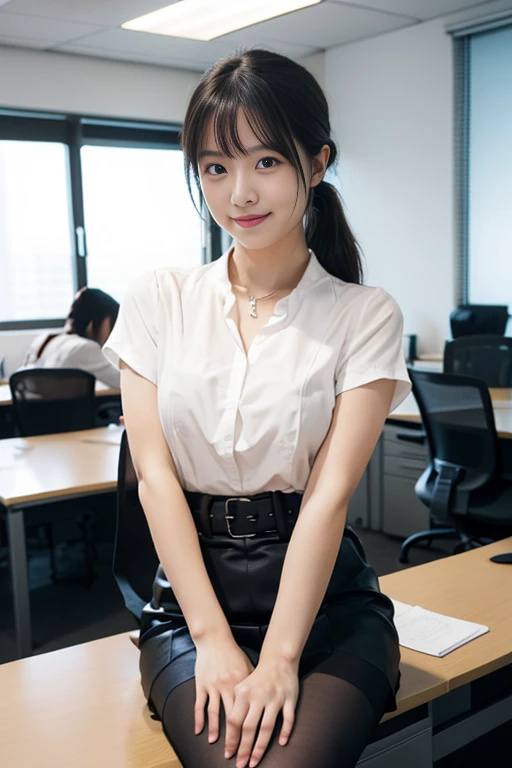 masterpiece,8k,highest quality,Ultra-fine illustration, big_file size, highly detailed face, perfect lighting, full color, OL, suitを着ている, (inside the office:1.5), detailed background, professional lighting, dynamic angle, Fine and shiny skin,big目), cute, 21 years old, (Photographed from the front), (squat:1.5), (suit, satin shirt,mini tight skirt:1.1),medium black hair, I can see white panties, (office background:1.5), smile
