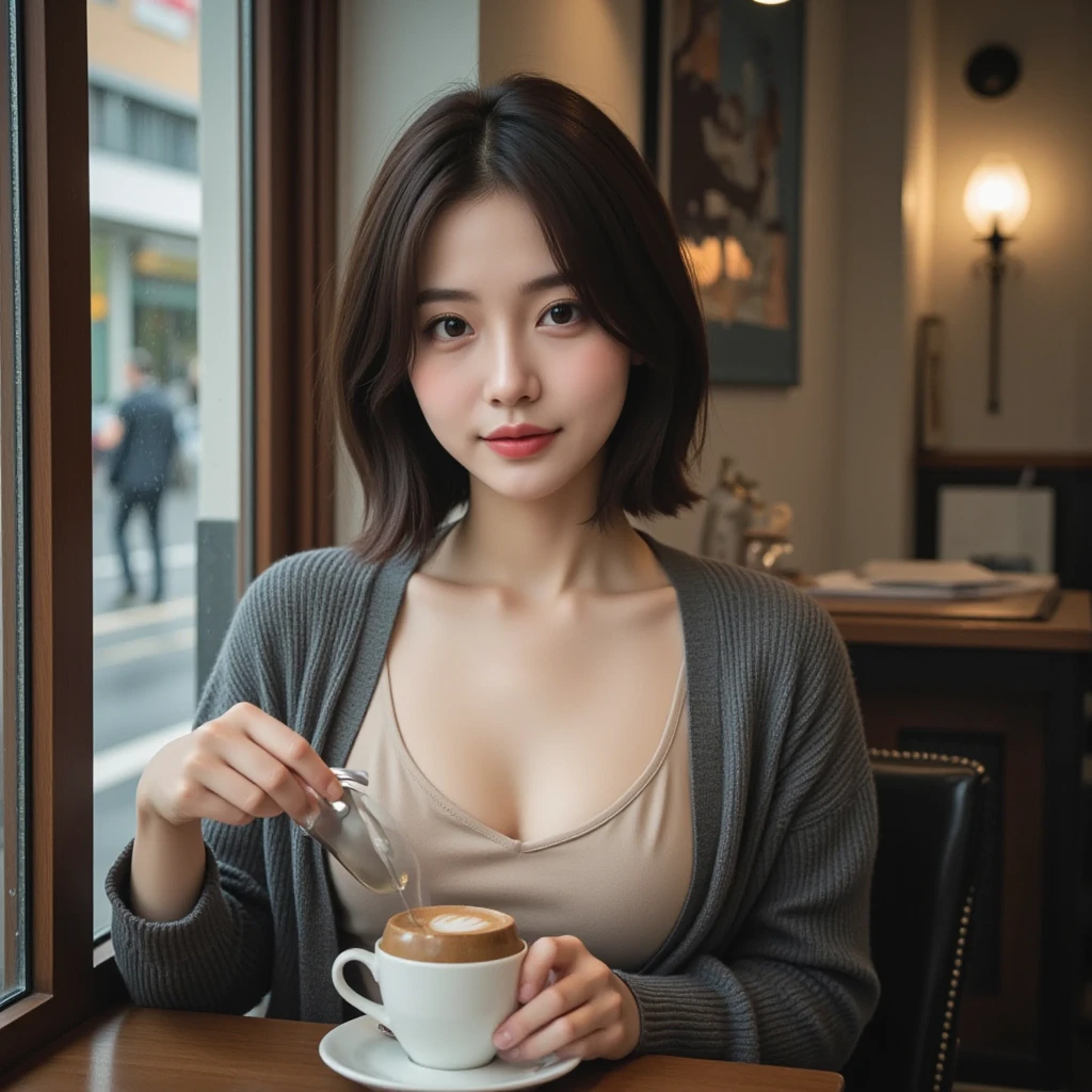(top-quality、8K、32K、masterpiece、Photorealsitic:1.4、nffsw:1.2)、Photo of a cute Japanese woman、Colossal tits:1.4、very short bobbed hai, coffee cup in her hand 、sface focus、Oversized_Sweaters、a necklace、simple background、From above、looking at the viewers、cleavage of the breast:1.5、Balanced body , Coffee cafe, coffee in front of her, cute smile, coffee cup, seat on table, ultra details, ultra realistic expression, busy cafe