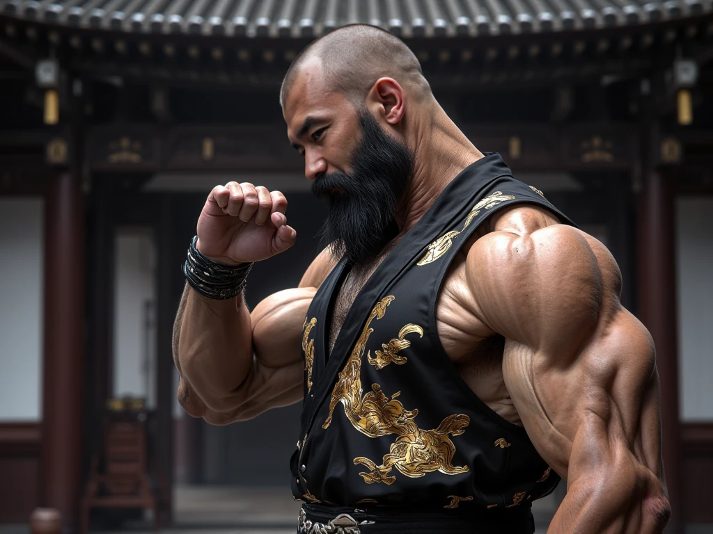 A handsome 25-year-old muscular male asian,(fat body),puffy nipple,acial hair,navel,leg hair,realistic eyes,(tatto),male public hair,sexy smirk,hairy pecs,((big pelly)),
fighting stance,<lora:Concept - Geomancer:0.7>,geomancer,rock,chinese clothes,full body,beard,pectorals,open shirt,ancient china,chinese architecture,dynamic pose,
photorealistic,natural lighting,soft shadow,realistic,cinematic,statuesque male,masterpiece,best quality,depth of field,