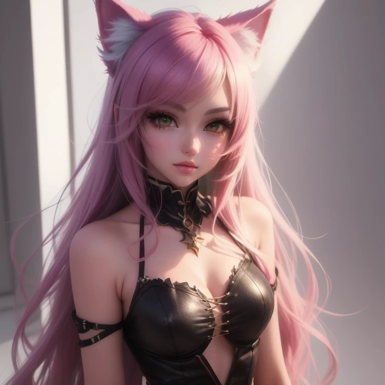 Kizi　Naked leather jeans　smil　beste-Qualit　​masterpiece　a beautiful lady　Super-High Resolution　long　Pink hair　Twin-tailed