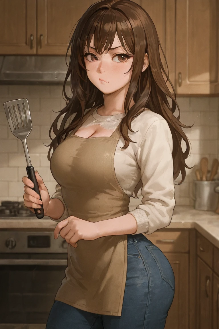 (high quality:1.1), intricate details, cinematic lighting,
Kyouko, 1girl, mature female, milf, solo, standing, legs apart, arm at side, hand on own chest, cowboy shot,
(looking at viewer:1.1), blush, smirk,
brown hair, long hair, red eyes, (mole under mouth:0.8), makeup, lips,
apron, white sweater, jeans,
curvy, large breasts, covered nipples,
indoors, room, kitchen,
<lora:Kyouko:1>