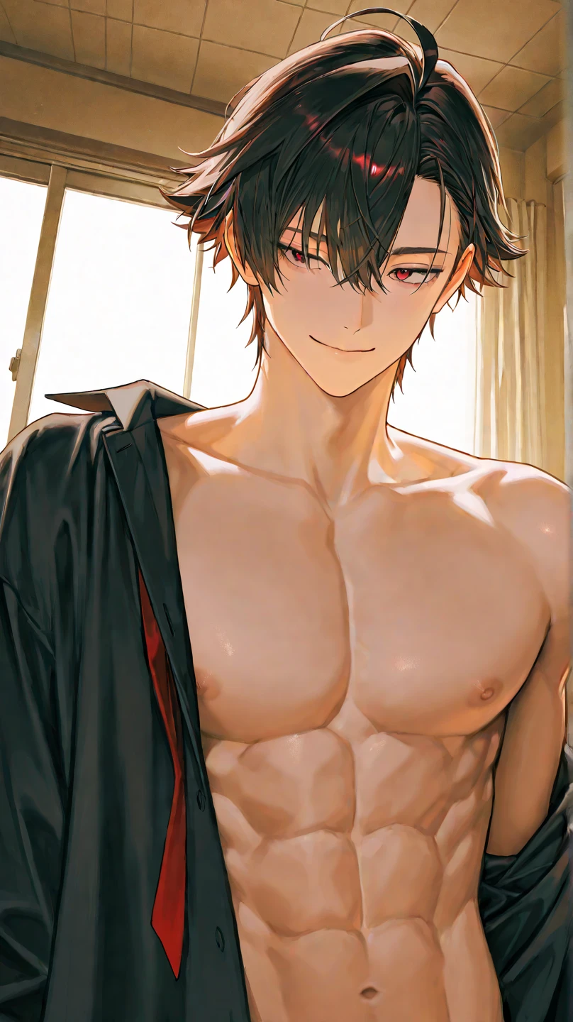 Beautiful young man,black hair, short hair, pink eyes, Wet hair, Wipe your hair with a towel, Top Naked, pecs, abs, After taking a bath, steam, sink,High quality, amount of drawing, pixiv illustration,cheeks are red,(A big smile with an open mouth),((arm up while spread legs (Concept):1.2)),LOVE,Good finger,Perfect finger.