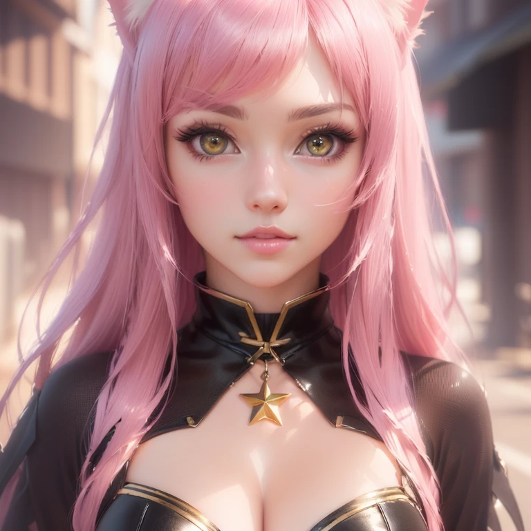 (8k, RAW photo, best quality, masterpiece:1.2), (photorealistic:1.3), ultra-detailed, cinematic lightng, (high detailed skin:1.2), Fantastic, Solemnity, 1girl, walking pose, detailed black AN gold dress, off shoulder top detailed, gold armor detailed:1.3, boots, gold spear detailed, Luxury design, perfect style, (high detailed skin:1.2), pink long hair, (looking at the camera with smile:1.2), one wolf, (triple heads wolf:1.3), glay hair wolf:1.3,