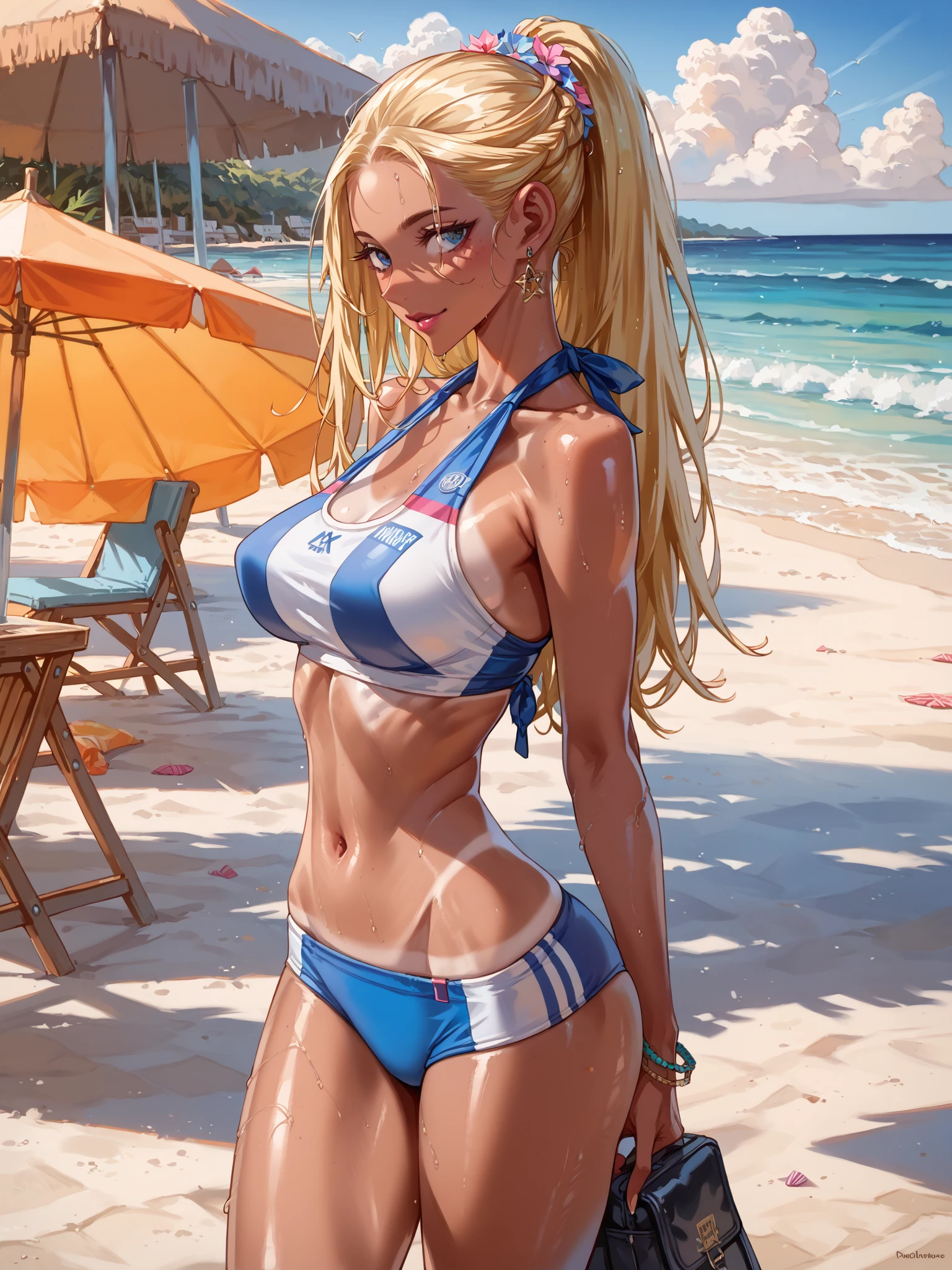 (Masterpiece, Best Quality:1.2), Cowboy shot,sunny beach, 1girl,blonde hair, ponytail, sun hat, smile, closed mouth, looking a viewer, crossed arms,blue bikini, Jewelry, necklace, small-breasts, slim thighs, Spacer frame, steam, glistering slap, Wet, the sweat,
