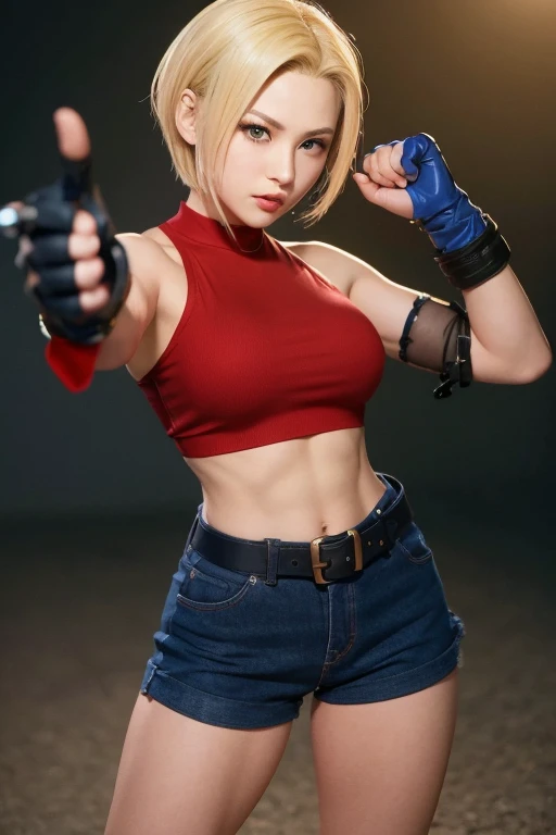 (by artist Aliza Razell:1.0), in city,Streets,1girll, Solo,Smile,, 1girll, Solo, Marikov,1girll, Solo, Short hair, Blonde hair, Blue eyes, gigantic cleavage breasts,Forehead, parted hair,Red shirt(Sleeveless),belt, Tight fitting shirts, Crop top, navel, Blue gloves, baggy pants, Pants,Absolute field,dramatic lights,view the viewer, Fighting stance, (hold fists),Firm expression,full bodyesbian,Unity 8k wallpaper,Ultra detailed,Beautiful and aesthetic,Beautiful,Masterpiece,Best quality,More poses
