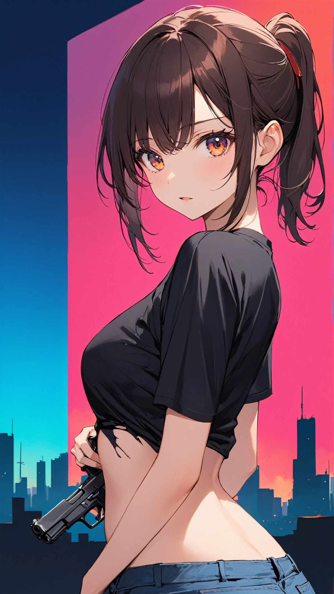 (masterpiece: 1.3、Highest quality、Ultra-high resolution、Very detailed)、(Real、Photorealistic: 1.4)、Beautiful illustrations、Perfect lighting、Natural light、Depth of the Boundary、Beautifully detailed hair、Beautifully detailed face、Beautiful details、Beautiful body、Firm chest、Beautiful thighs、Beautiful legs、Beautiful Hands、Show to the viewer、One Girl、Very cute girl、(Perfect Anatomy、Anatomically correct)、Cute and symmetrical face、Baby Face、Perfect Face、Perfect Eyes、Shiny skin、((Night cityscape、Blurred downtown area))、((7-year-old girl))、((Short black hair、Pigtails、Two Side Up、Curly Hair))、((非常にLarge Breasts))、Cleavage、(((Large Breasts)))、Real、(live-action、Exquisite details)、((Young Body)))、((Immature girl)、((Small T-shirt))、((Big black eyes))、(Cleavage)、(blush)、((Small panties))、Standing cowboy shot